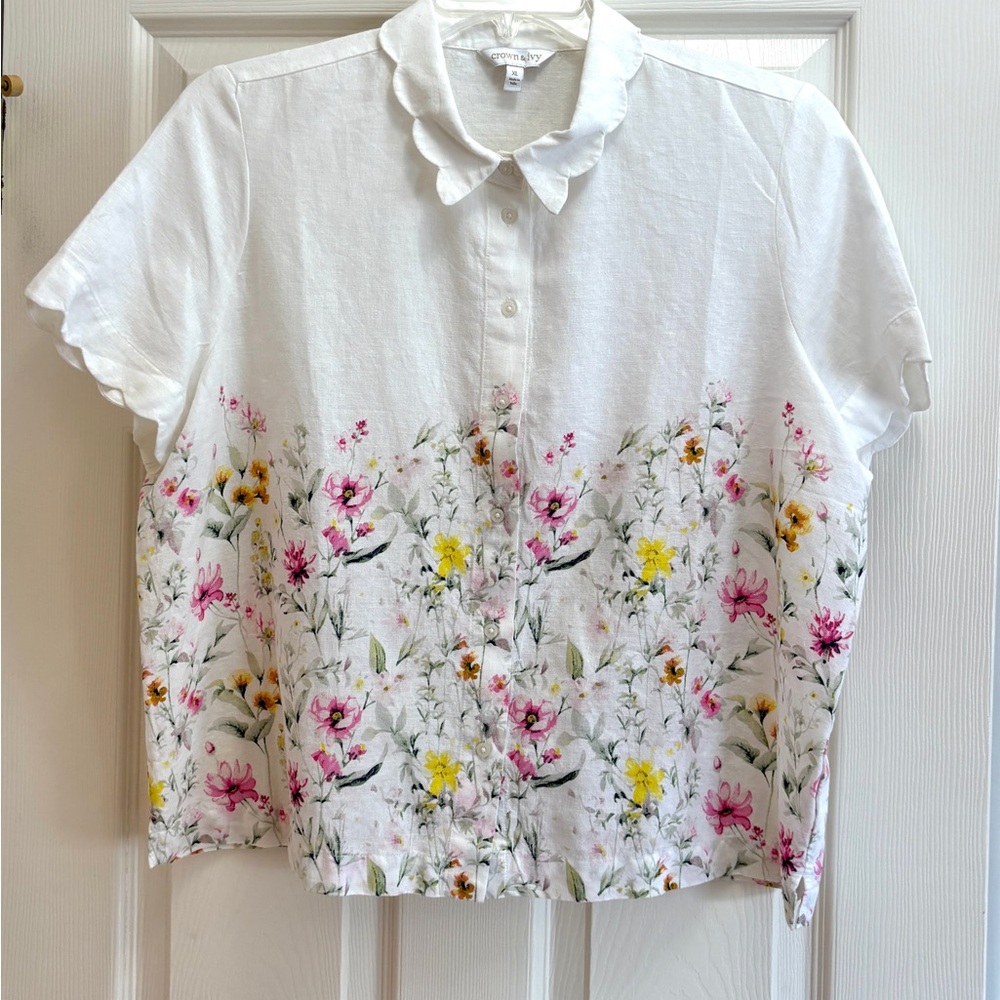Crown & Ivy XL Floral Blouse White Linen Blend Scallop Collar Cottagecore - Picture 2 of 6